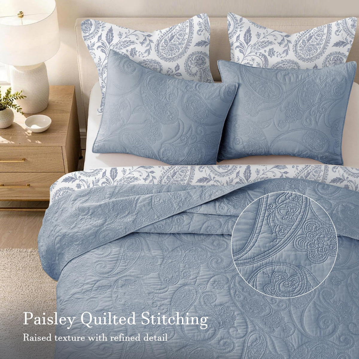 100% Cotton Quilt Set, Paisley Design, Slate Blue