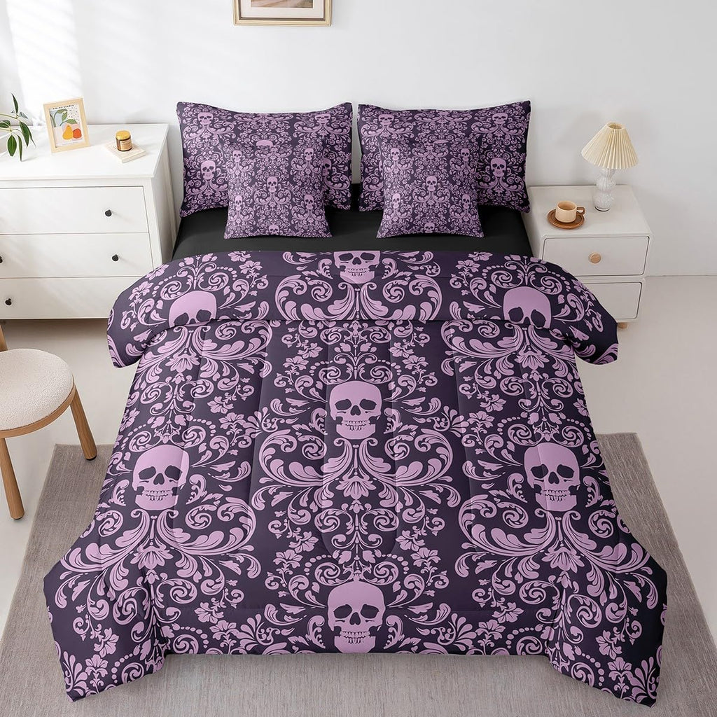 Damask Gothic Bedding Set Adults Antique Victorian Comforter Set 7 Piece Bed in a Bag Twin, Purple Sugar Skull Sheet