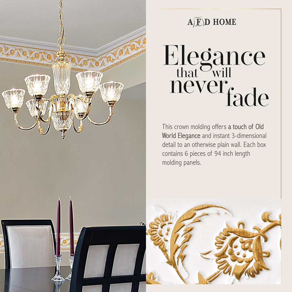 6-Piece Crown Molding Crown Decor Set, Gold Floral on French White