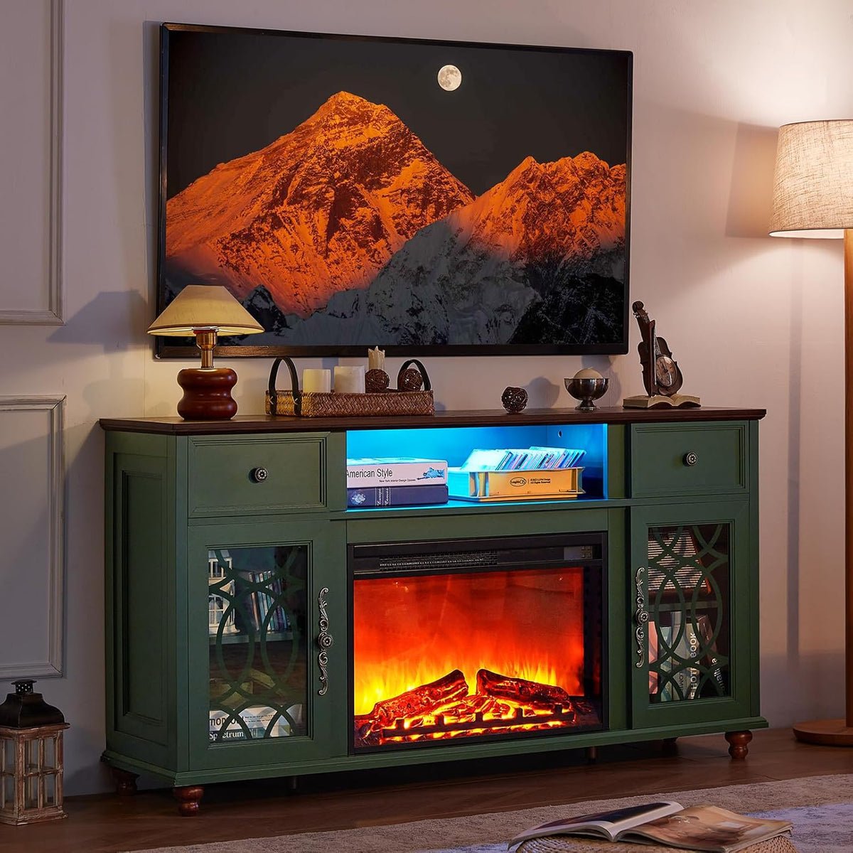 59 Inch Farmhouse Fireplace TV Stand for TVs up to 65 Inches, Entertainment Center with Electric Fireplace, LED Lights, Glass Doors, Storage Drawers, Green