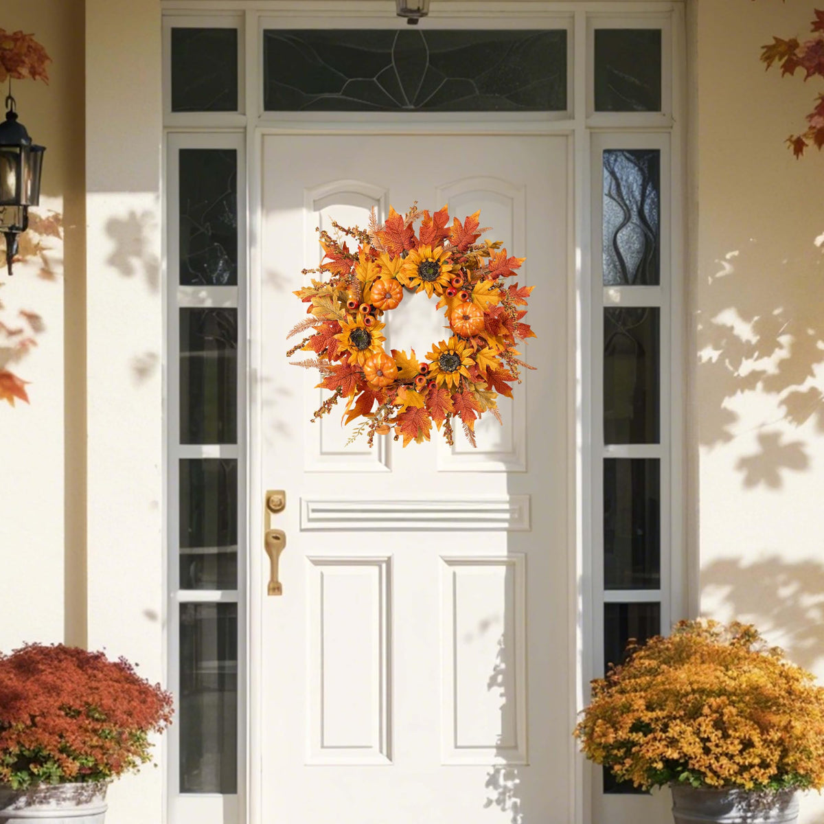 Fall Wreaths for Front Door 24 Inch Fall Wreath with Pumpkins Sunflowers Maple Leaves and Orange Red Berries Autumn