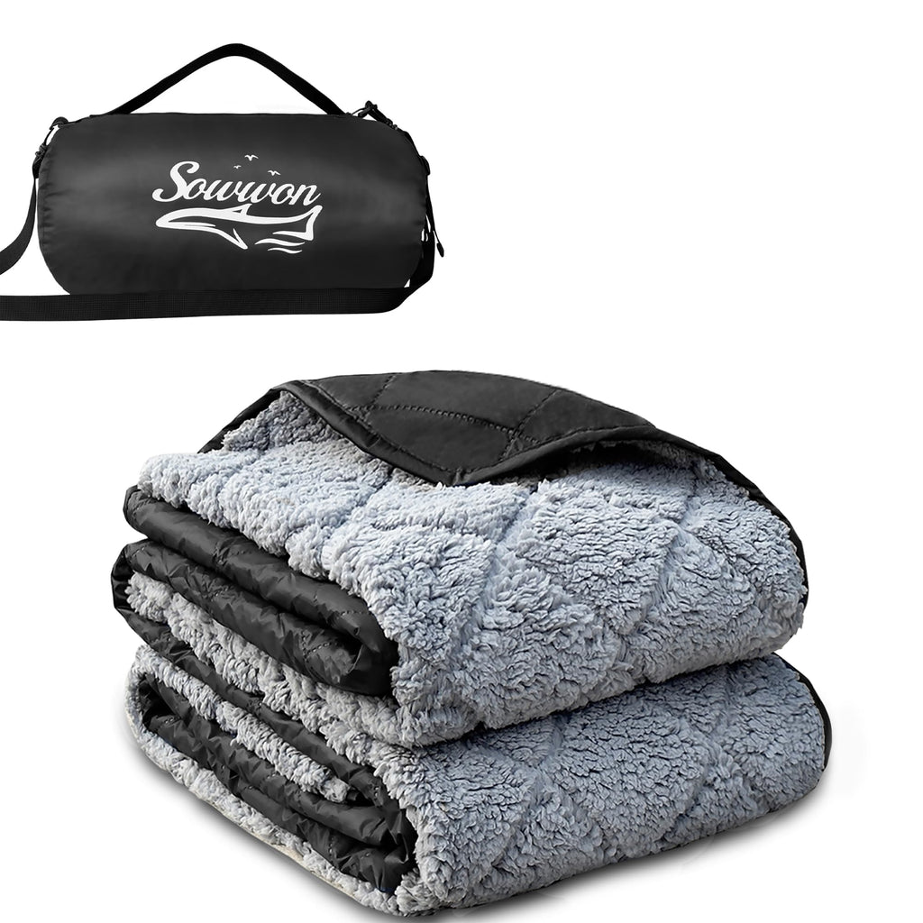 Waterproof Outdoor Blanket 62"x51" Sherpa Fleece Black