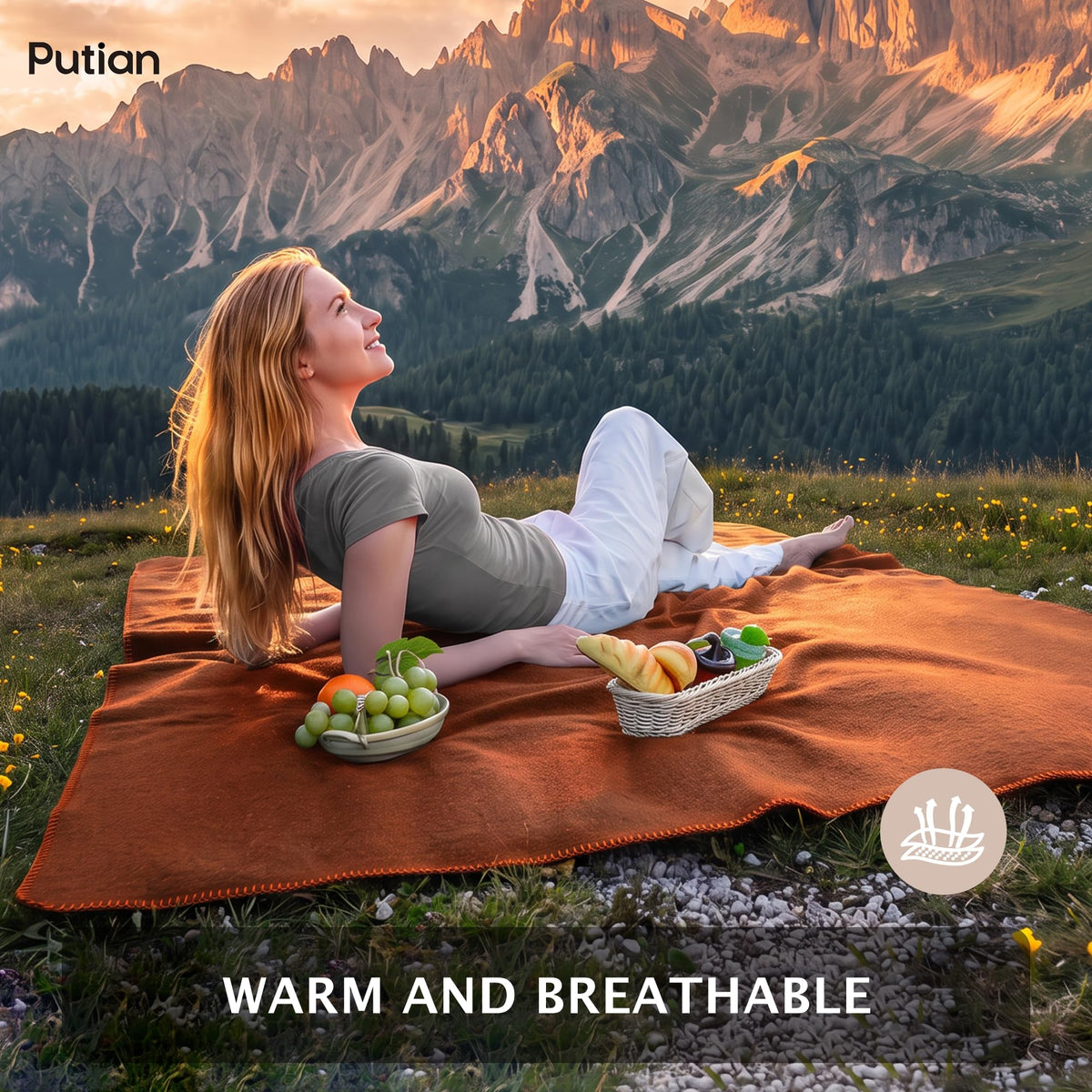 100% Wool Blanket - Camping Outdoor Blanket, 63"×87", Orange