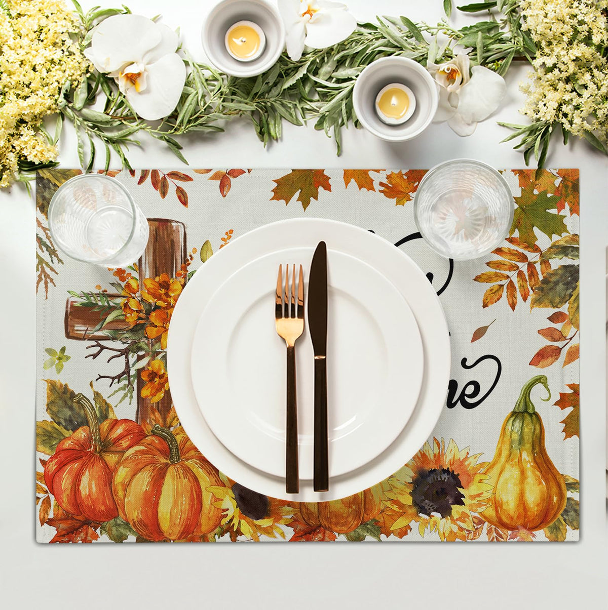Fall Cross Pumpkin Placemats Set of 4 Autumn Thanksgiving Harvest Sunflower Maple Leaf Orange Linen Table Mats