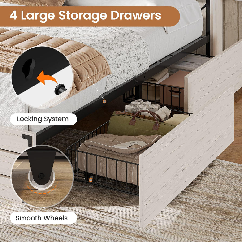 Wooden Bed Frame with Bookcase Headboard and Sliding Barn Door, Farmhouse Bed Frame with Charging