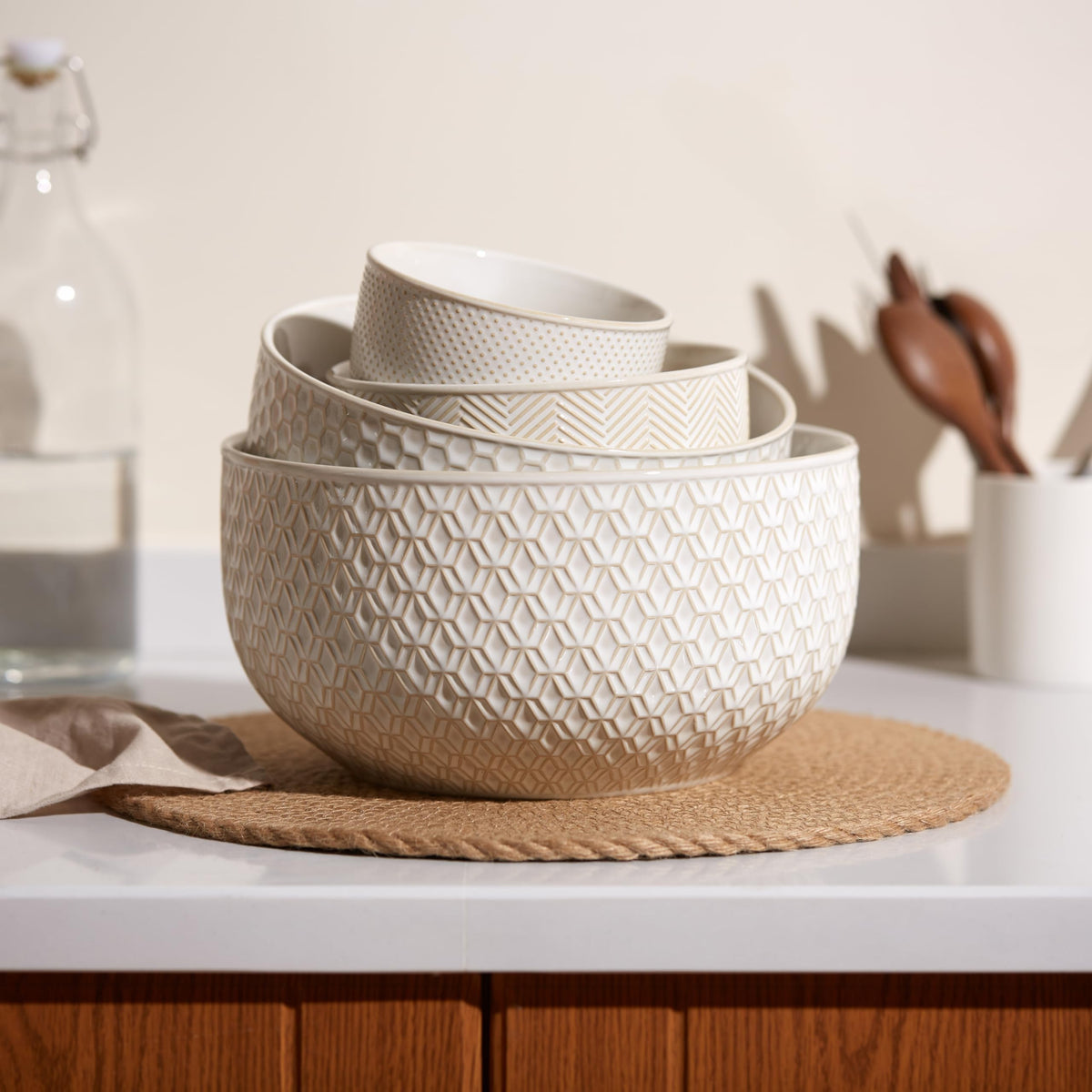 Ceramic Nesting Bowls, Embossed, Oven Safe, Set of 4, Ivory