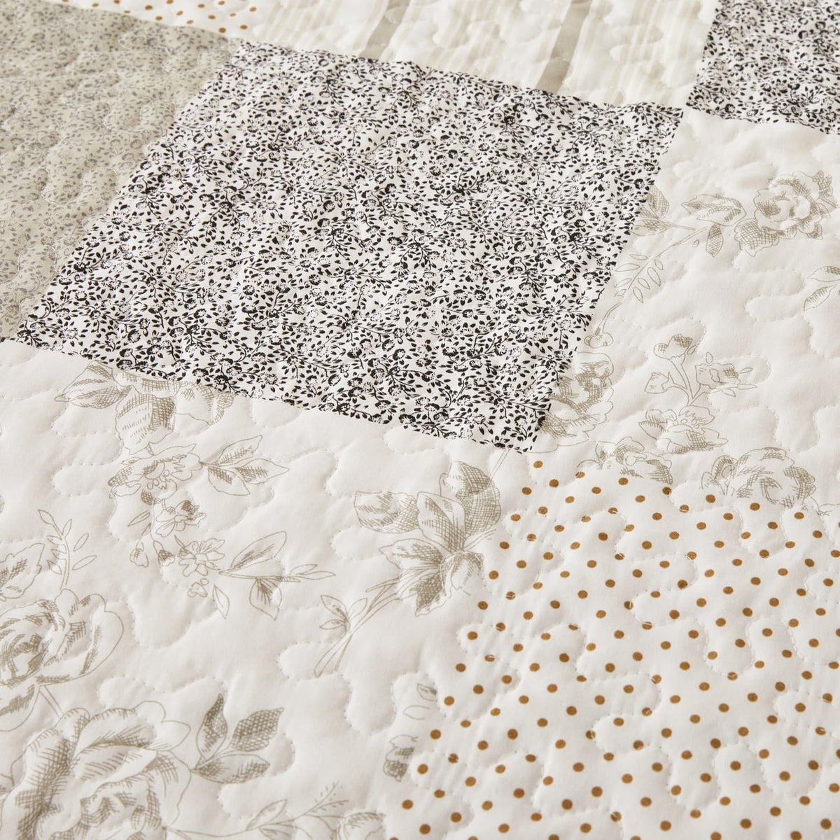 Summer Floral Quilt Set, Grey Patchwork Quilts, Reversible Quilted Bedspread with 2 Shams, Vintage