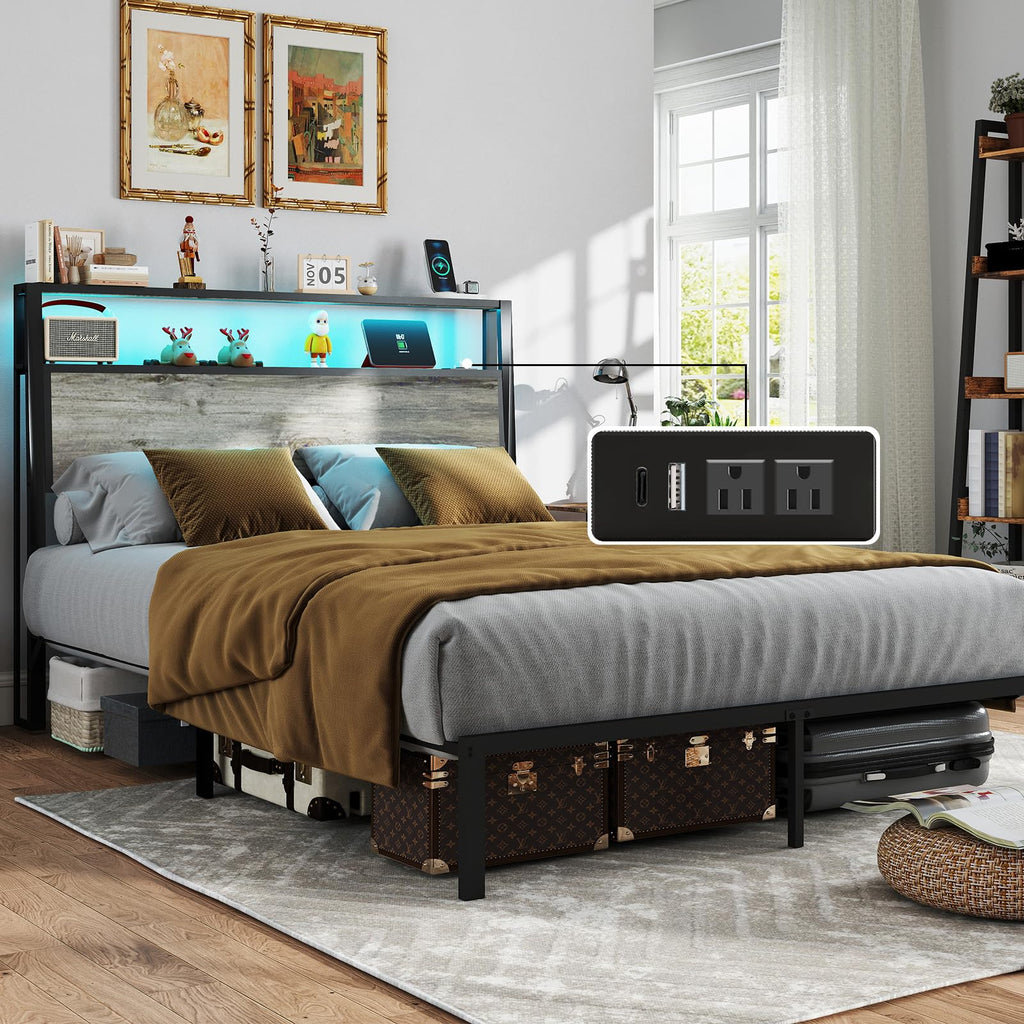Bed Frame with 2-Tier Storage Headboard, Rustic Grey
