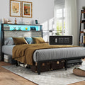 Bed Frame with 2-Tier Storage Headboard, Rustic Grey