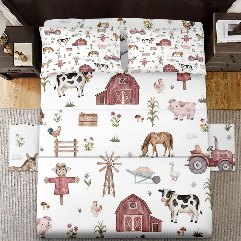 Bed Sheet Set, 4 Pieces Farmhouse Farm Bedding with Flat