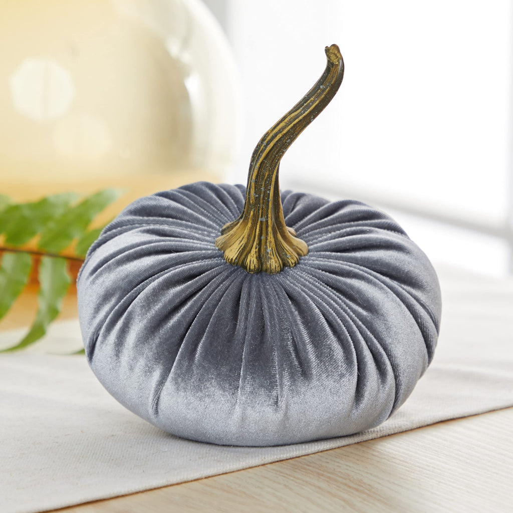 Set of 3 Velvet 6.25 Inch Pumpkins, silver platinumn accent decor, elegant luxe tablescape, tiered tray decor, cozy