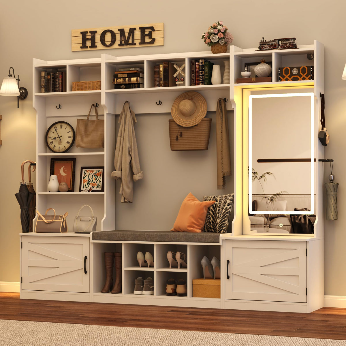 86.6''W Extra Large Farmhouse Hall Tree with Mirror Bench and Shoe Storage, Entryway Bench with Coat Rack, 6 Shoe