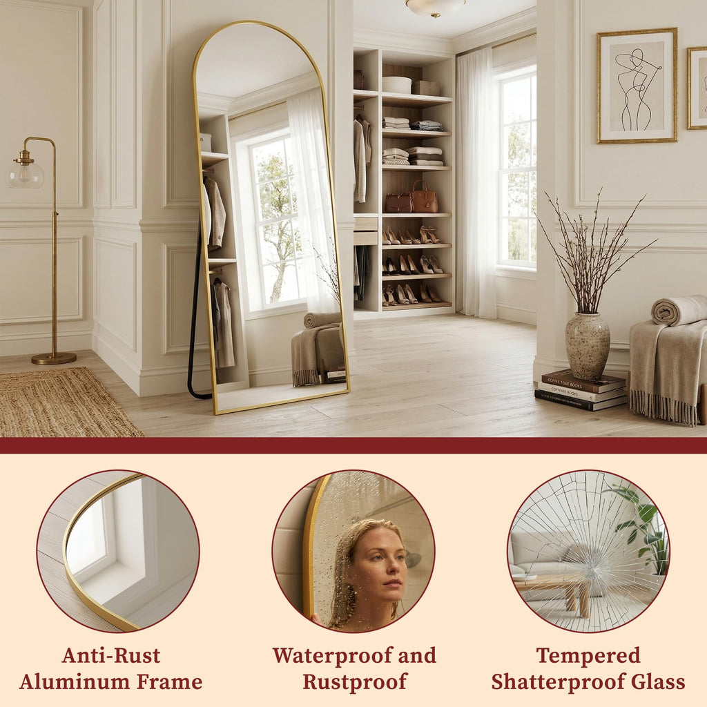 90"x46" Arched Full Length Mirror with Stand, Gold Floor Mirror