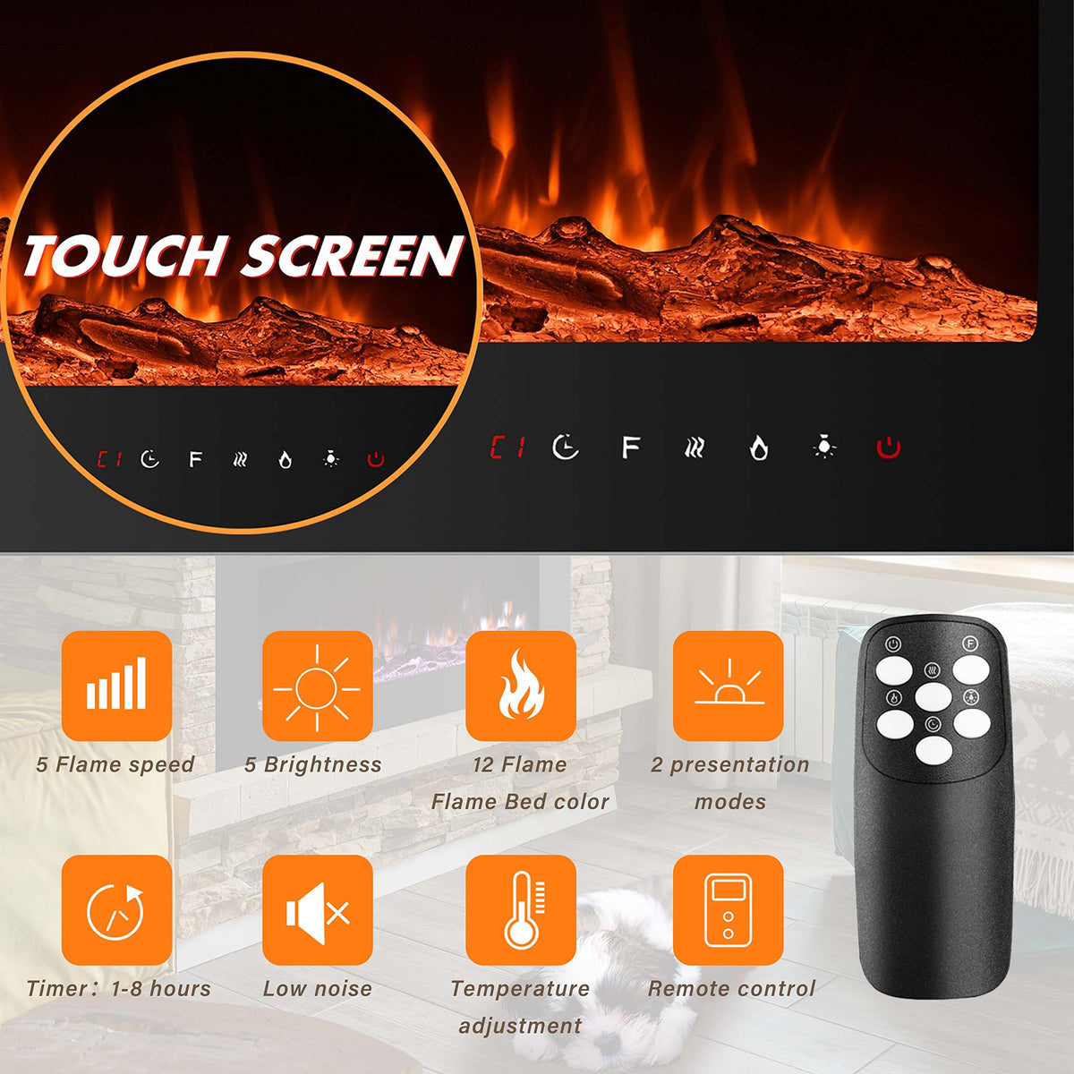 Electric Fireplace Insert 40 Inch, Wall Mounted, Remote Control, 12 Colors