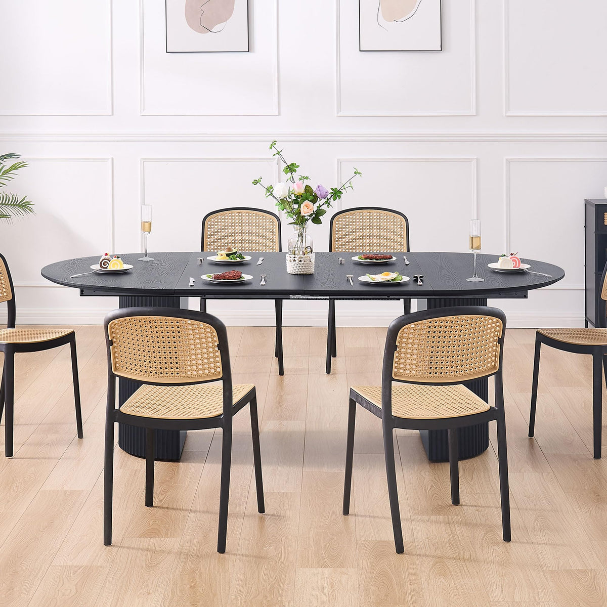 47.24 Dining Table, Expandable Dining Table for 4 6 8 12 Person, Black Round Dinner Tables Mid-Century Modern Table