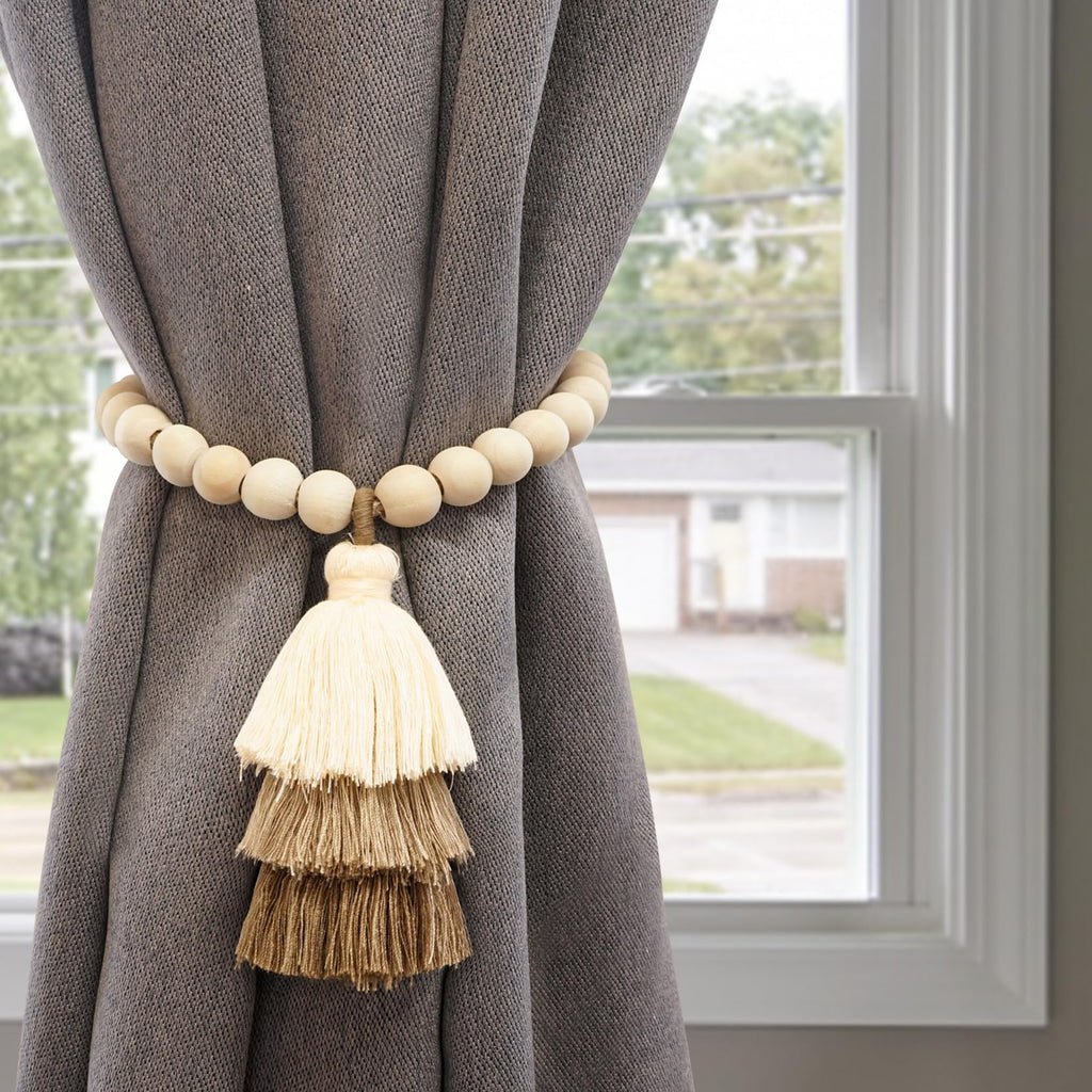 No Drill Curtain Tiebacks with Strong Magnetic Closure, Natural Wood Beads Boho Holdbacks with Triple Tassels