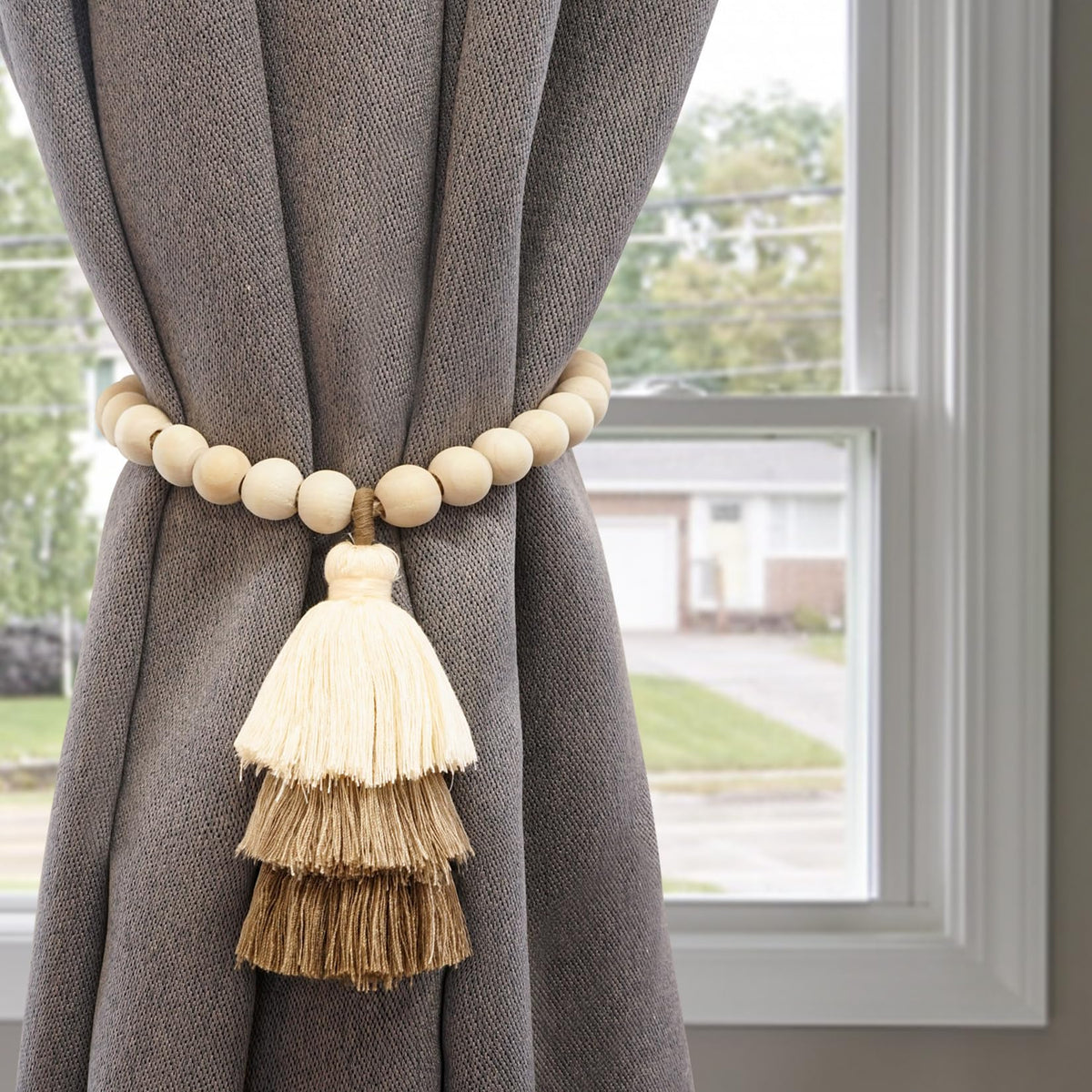 No Drill Curtain Tiebacks with Strong Magnetic Closure, Natural Wood Beads Boho Holdbacks with Triple Tassels