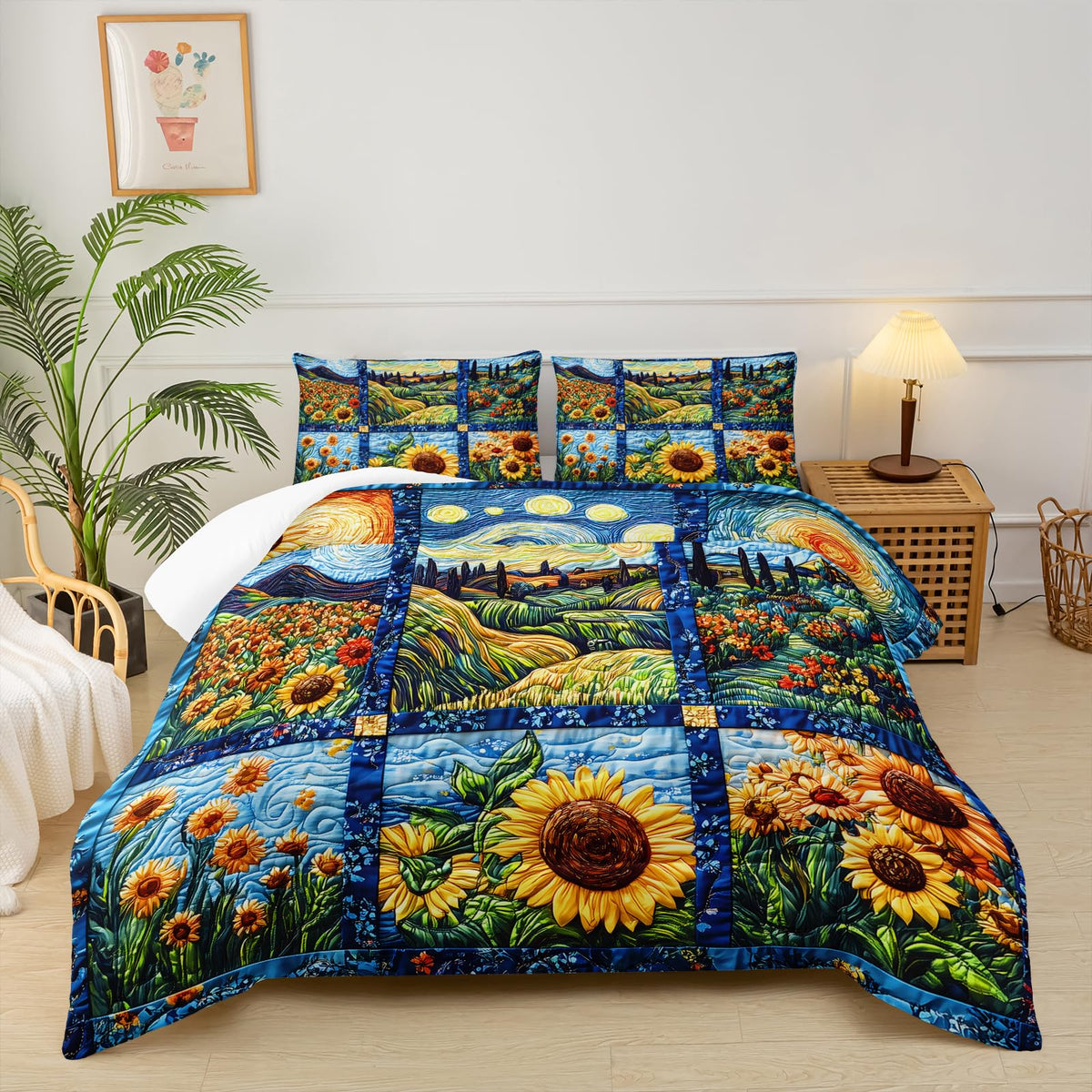 Yellow Sunflower Comforter Set, Bedding Quilts Sunflower, Rustic Farmhouse Bedroom Set Bedding