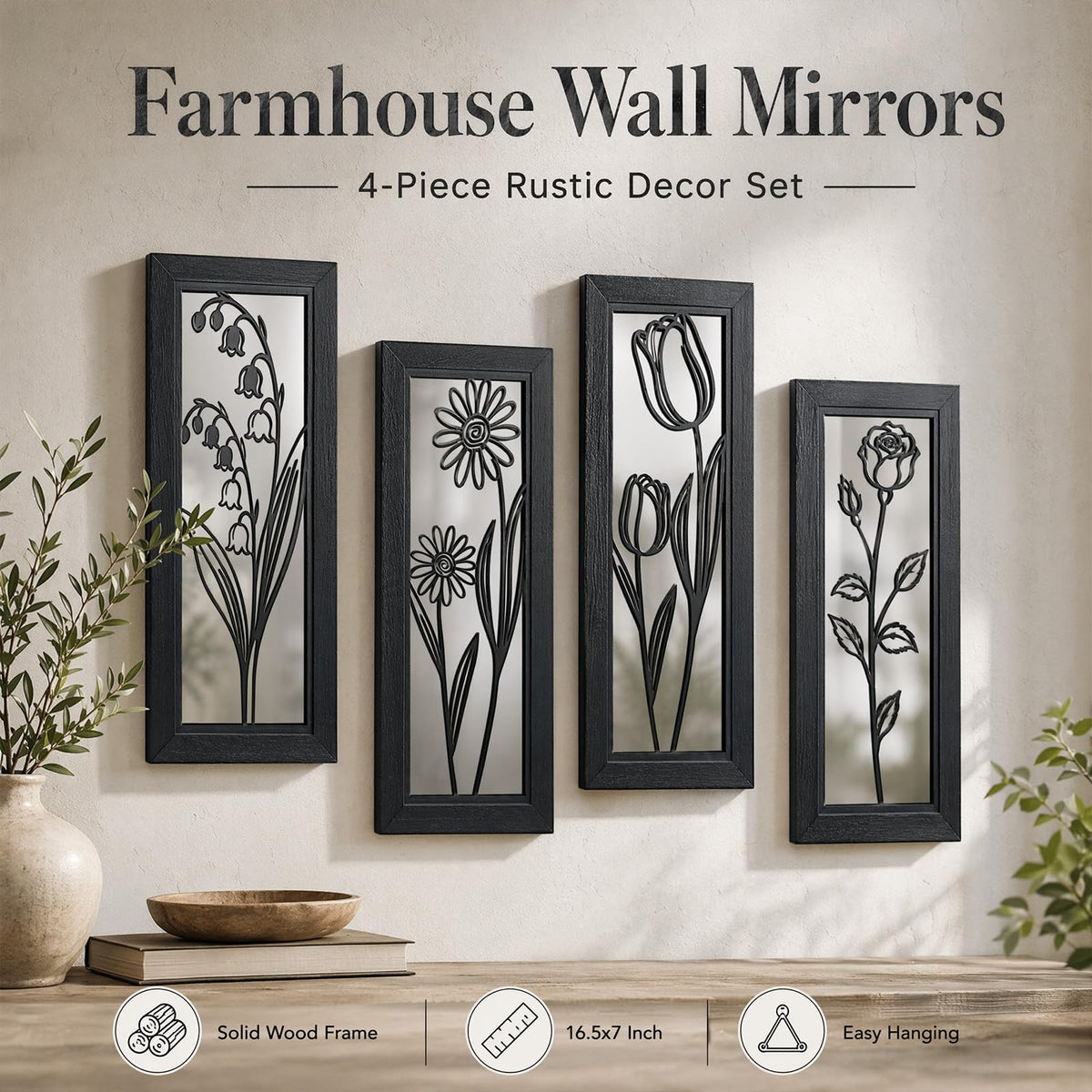 4 Set Farmhouse Mirrors for Wall Decor Living Room Bedroom Bathroom Entryway Wood Rustic Decorative Framed Hanging