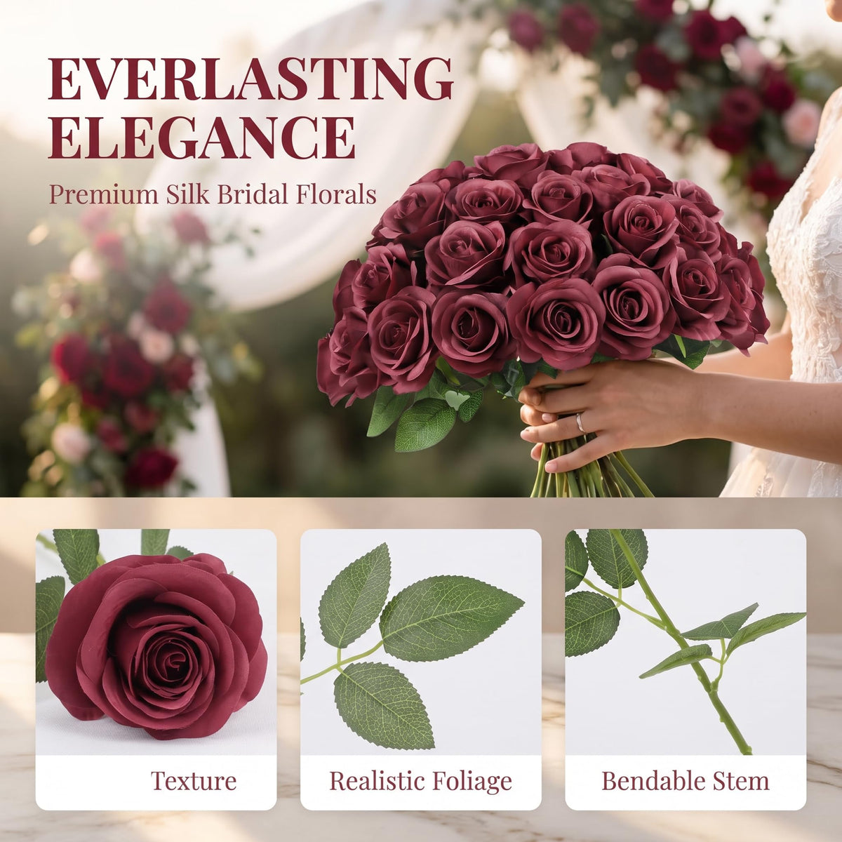 30pcs Burgundy Flowers Fake Roses Artificial Flowers Faux Roses