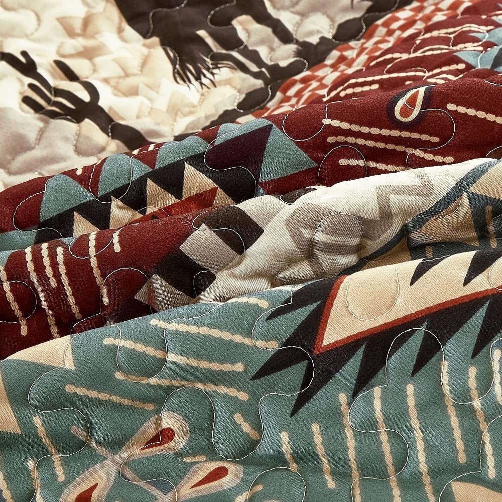 WPM Western Teal/Beige/Burgundy Cowboy Desert Southwestern Print Bedspread 3 Piece west Theme Cabin Lodge Ranch