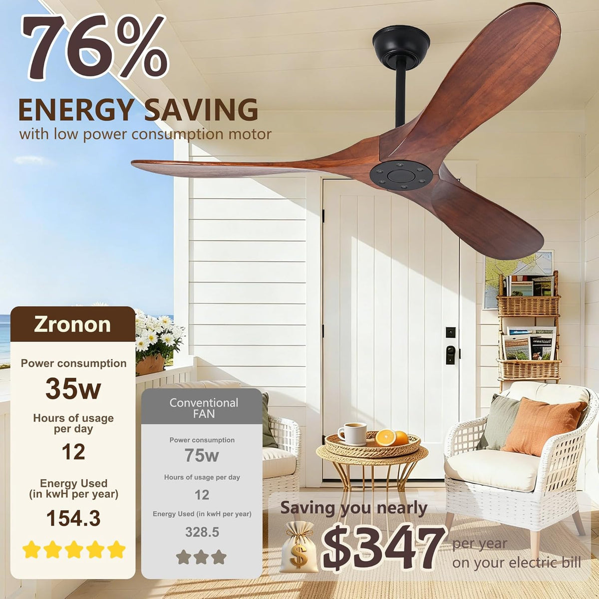 72" Walnut Outdoor Ceiling Fan with Remote, No Light