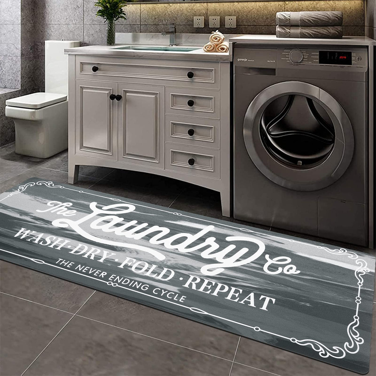 Laundry Room Rug Runner 20"x60", Non Slip Waterproof Mat, Light Grey