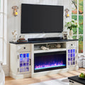 Fireplace TV Stand for 80 Inch TV, Farmhouse Highboy Entertainment Center w/LED Lights & 36" Electric Fireplace, Large Media Console w/Glass Door Cabinet & Storage Drawer, White