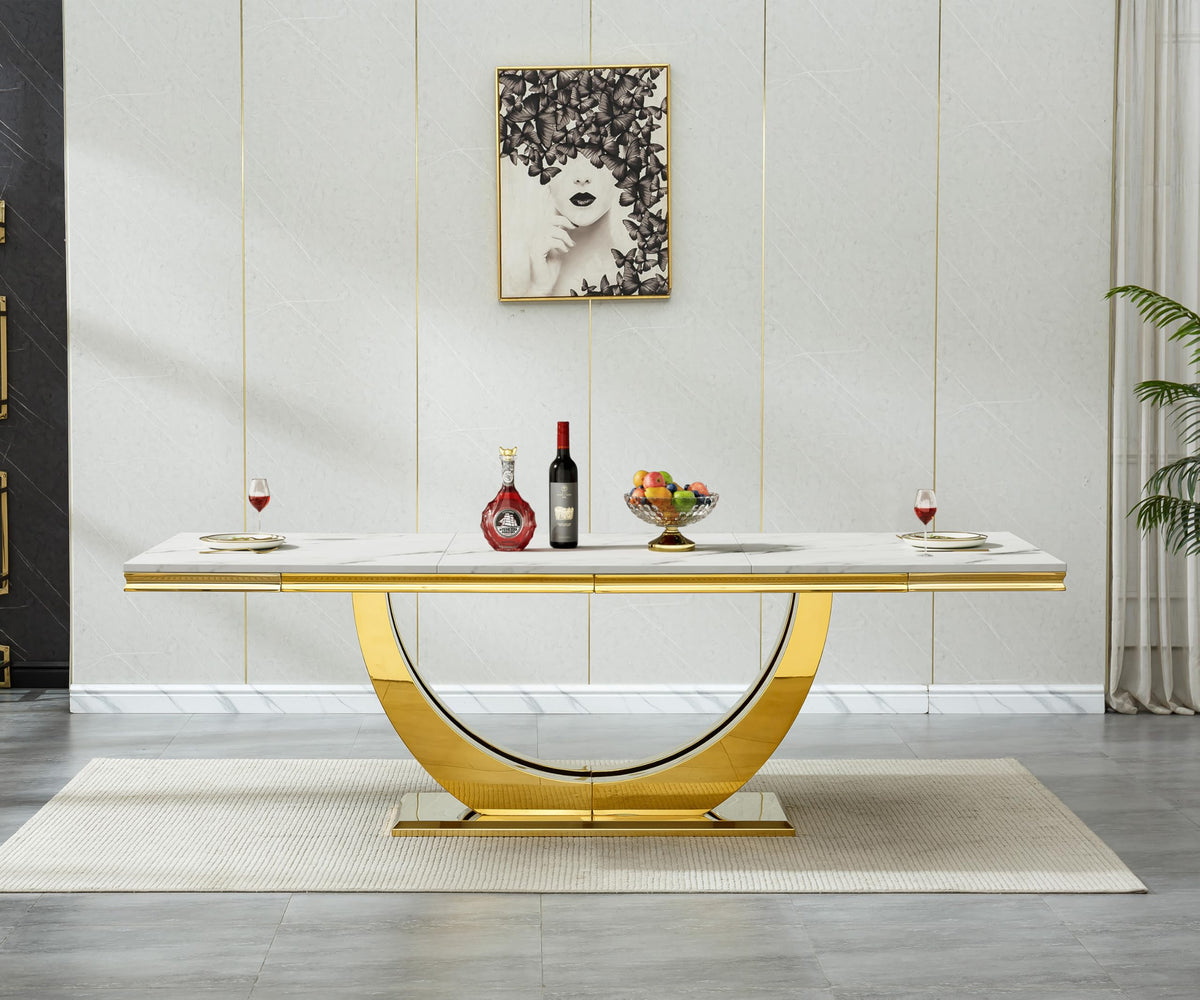 94" Faux Marble Dining Table for 8-10 Gold Stainless Steel Base