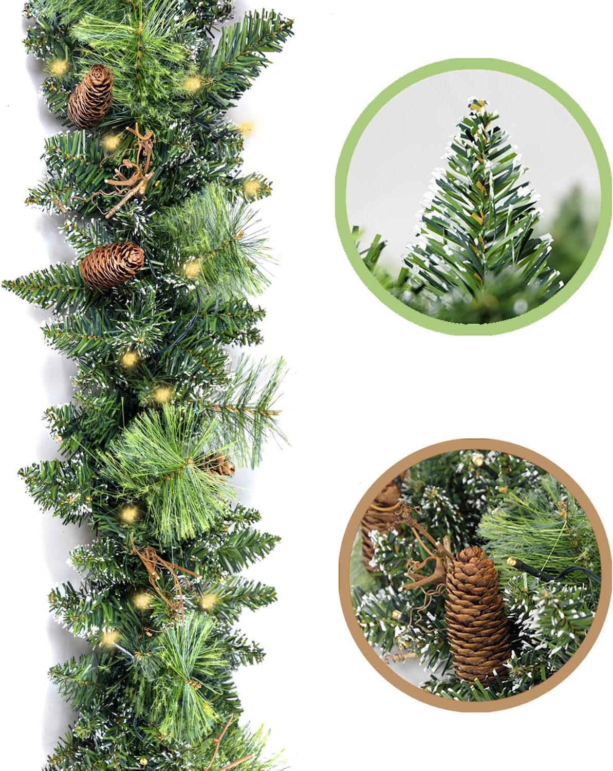 Christmas Garland Prelit 9 Ft Battery Operated with 50 Led Lights, Pine Cone and Snow Style Xmas Garland, Christmas
