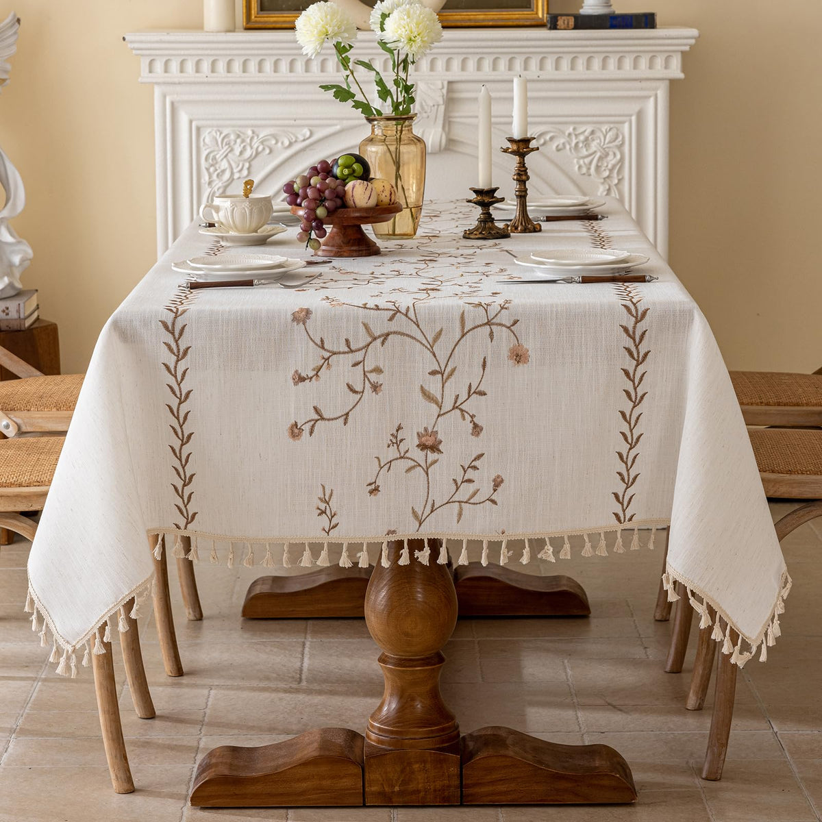 Linen Waterproof Tablecloth with Tassels, Rustic Farmhouse Flowers Embroidery Table Cloths for Rectangle Tables