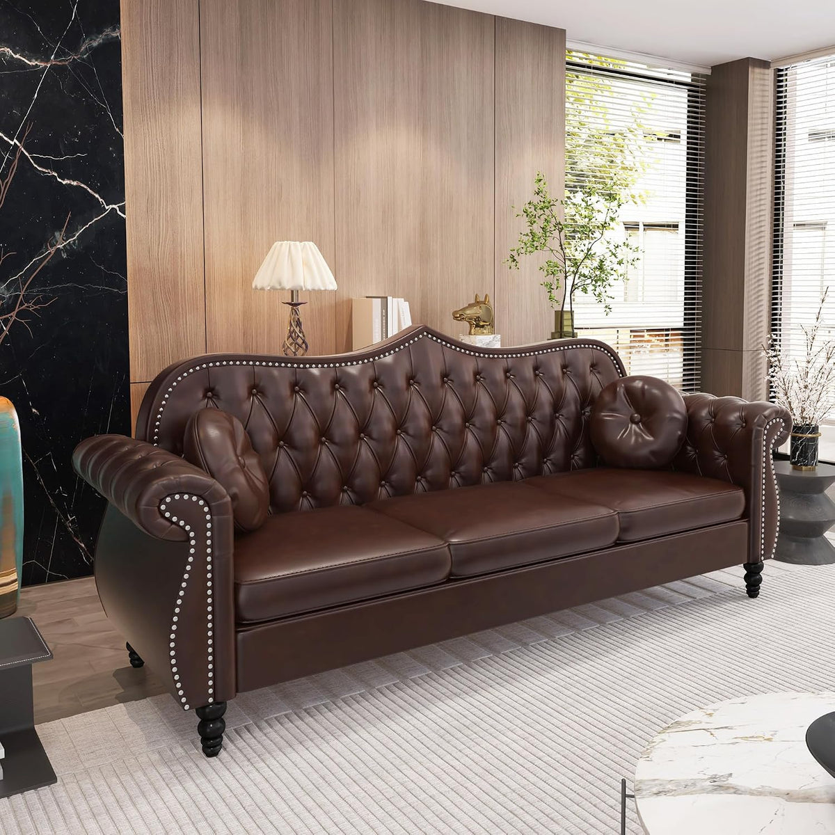 Chesterfield 3-Piece Tufted Faux Leather Living Room Sofa Set — Sofa, Loveseat & Armchair with Nailhead Trim, Brown