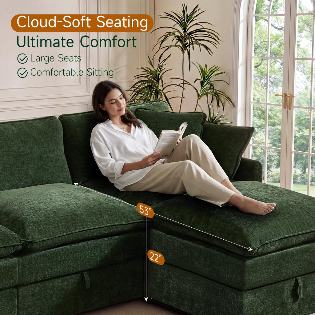Modular Sofa Couch with Storage, 103" U-Shape Sectional Cloud Couch, Oversized Deep Seat Comfy Fabric Couch (Green