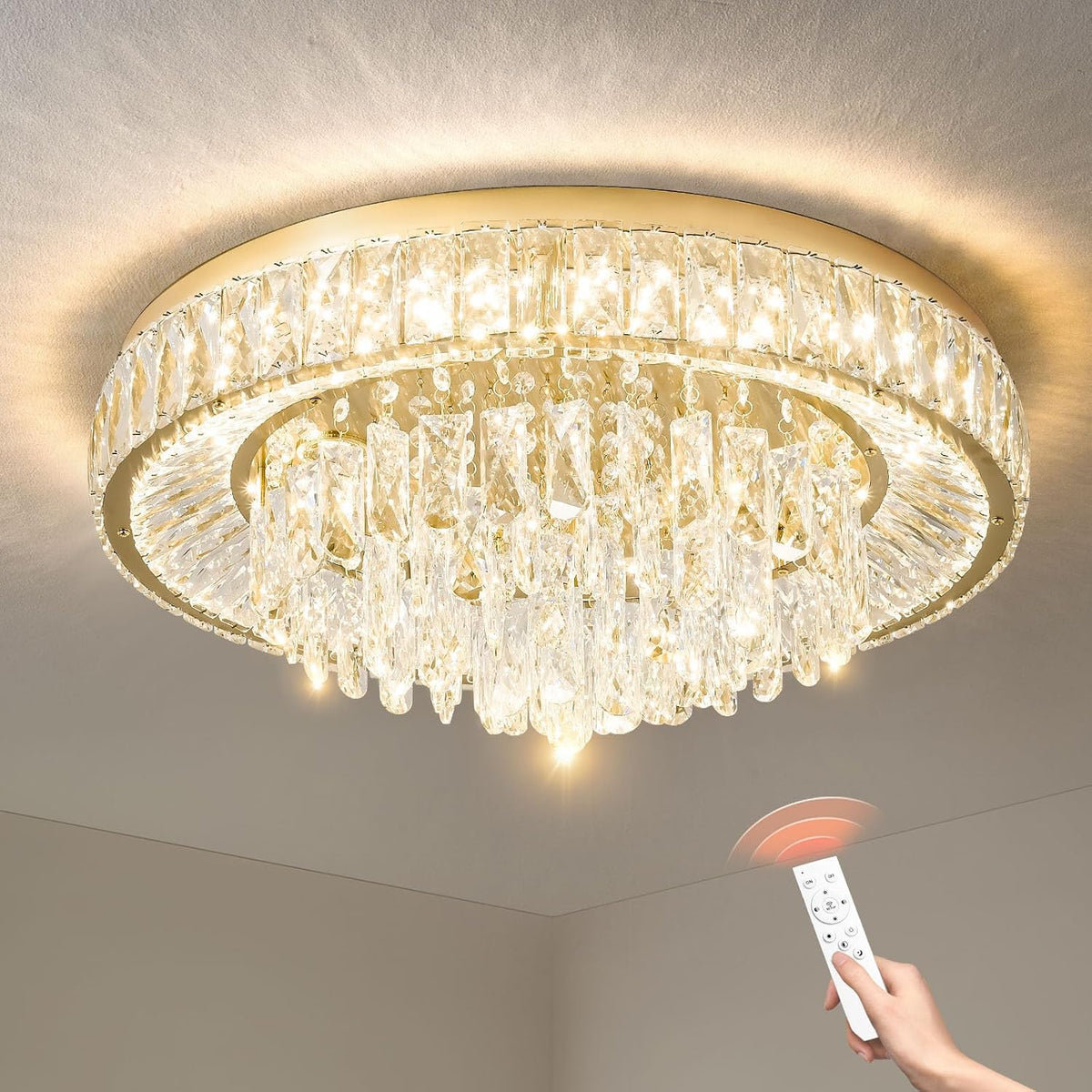 Modern LED Gold Crystal Flush Mount Chandelier, Integrated Light