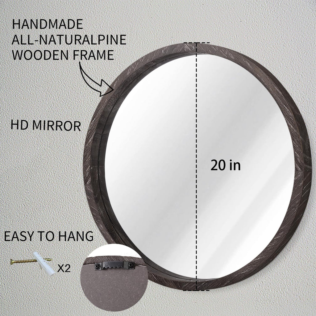 Large Round Mirrors for Wall Circular Mirror, Rounded 20 Inch Circular Mirror Wood Framed Rustic Make up Mirror Wall