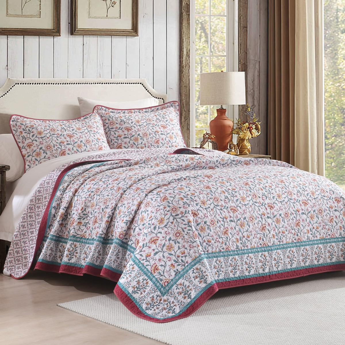 100% Cotton Quilt Set, Farmhouse Floral Reversible Quilts