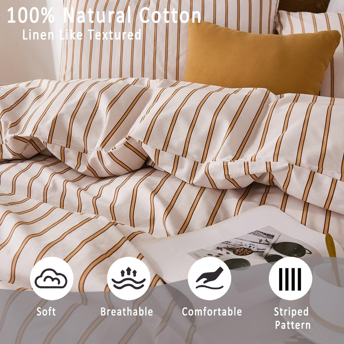 Striped Duvet Cover Set 3 Pieces 100% Cotton Duvet Cover Set with Beige and Terracotta Vertical Stripe