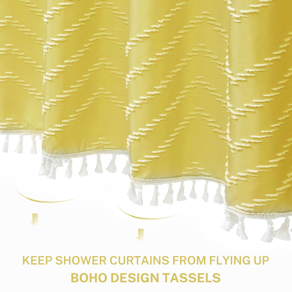 Yellow Boho with White Tassel - 72 x 72 Modern Farmhouse Textured Tufted Chevron Striped Minimalist Bathroom