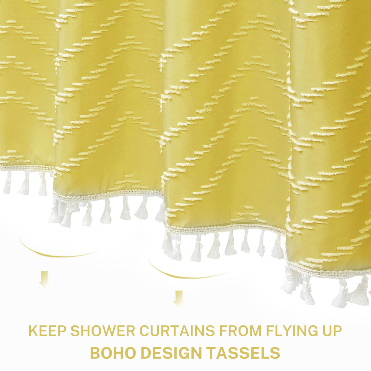 Yellow Boho with White Tassel - 72 x 72 Modern Farmhouse Textured Tufted Chevron Striped Minimalist Bathroom