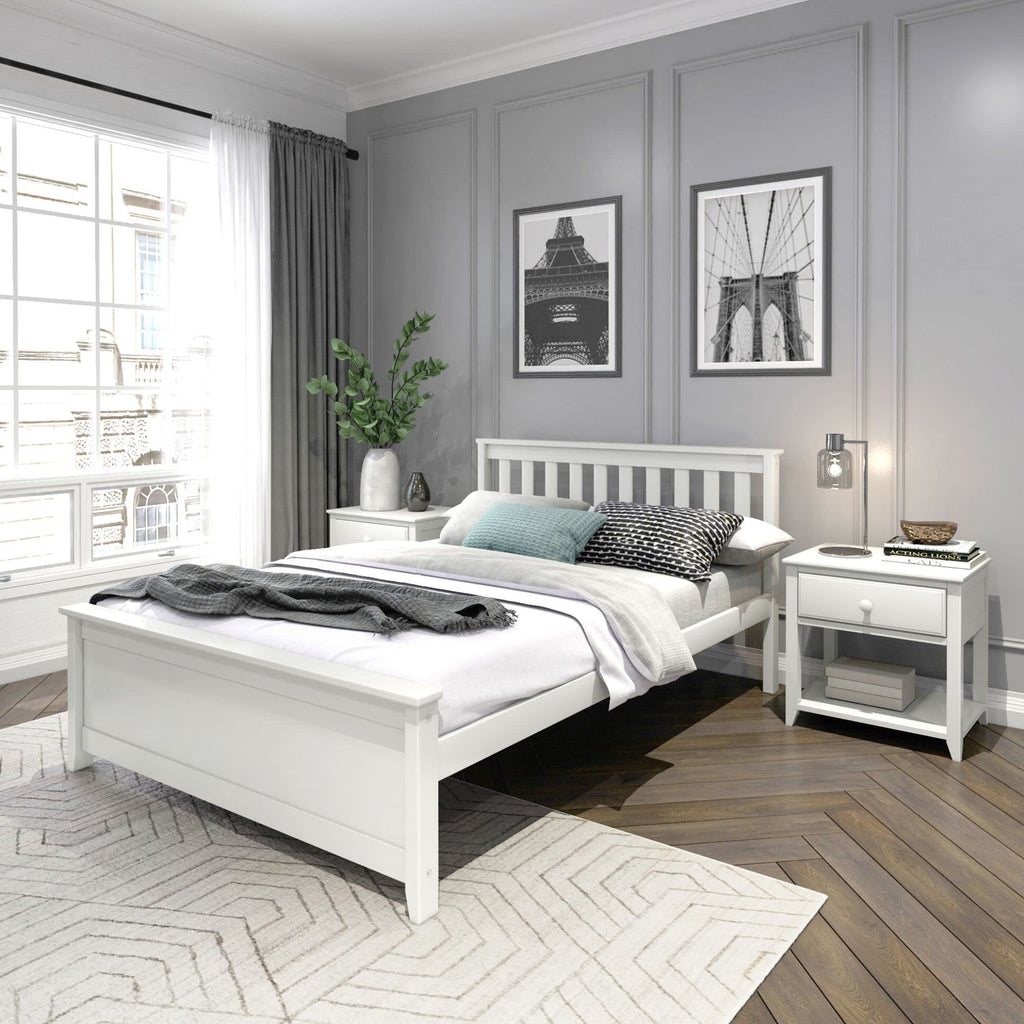 Solid Wood Bed Frame, Platform Bed with Headboard, White