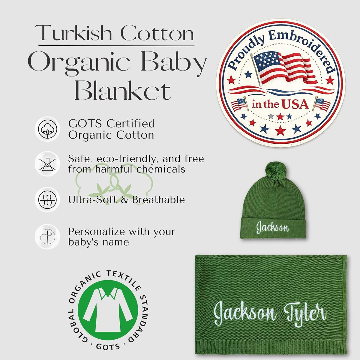 Blanket, 100% GOTS Organic Certified, Customized Swaddle Blanket with Name, Receiving Blankets for Boys and Girls