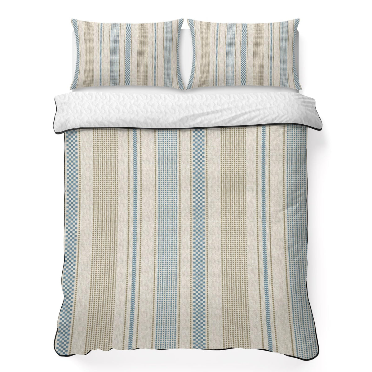 Vintage Striped Quilts Bedding Set Blue Brown Vertical Ticking Stripes French Country Lightweight Quilted
