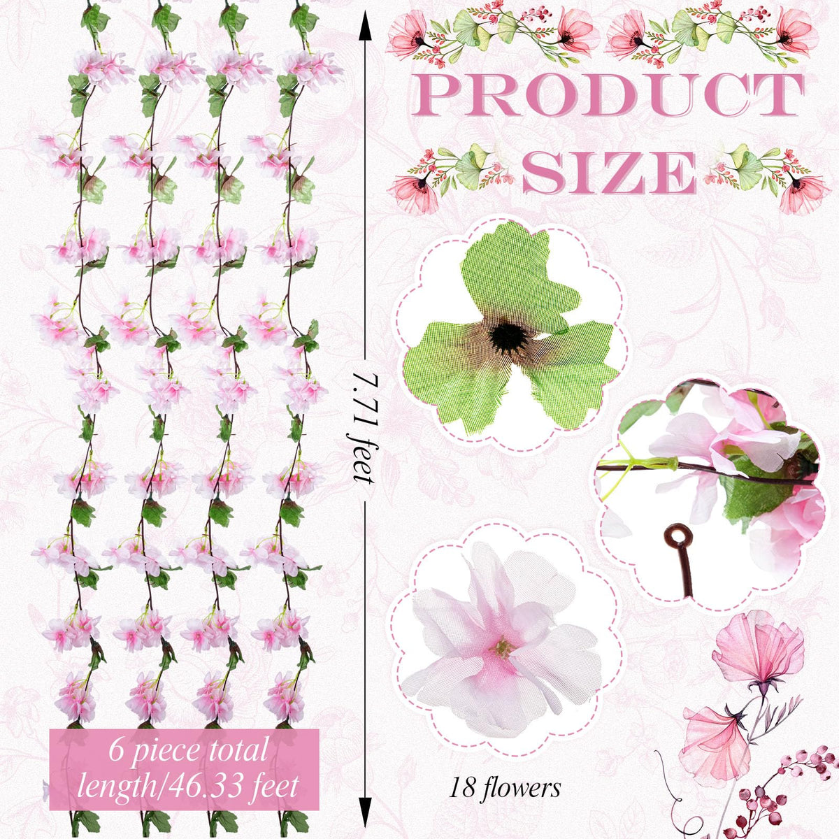 6 Pcs 92.5 FT Artificial Cherry Blossom Flower Vines Bulk, Light Pink