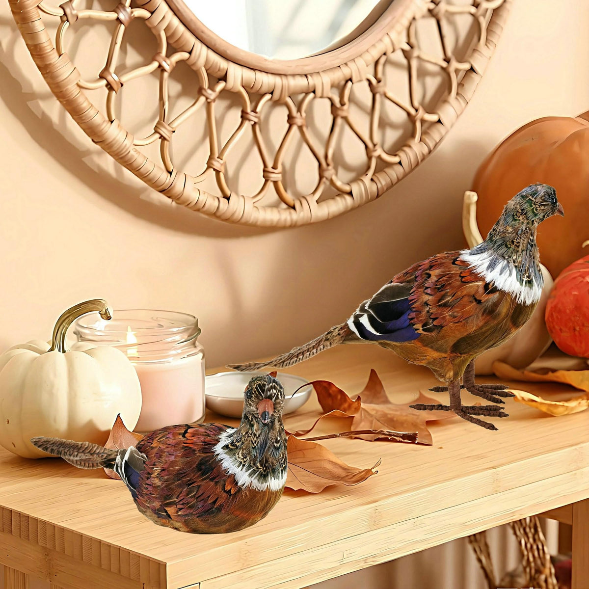 Feathered Pheasant Decor Set of 2 for Autumn Fall Thanksgiving