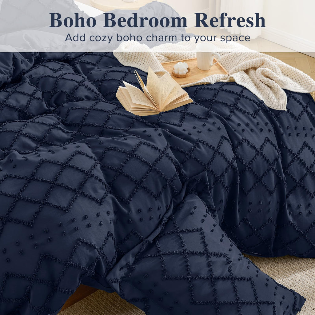 Boho Duvet Cover Set, Tufted Embroidery Bedding, 3 PCS, Navy Blue
