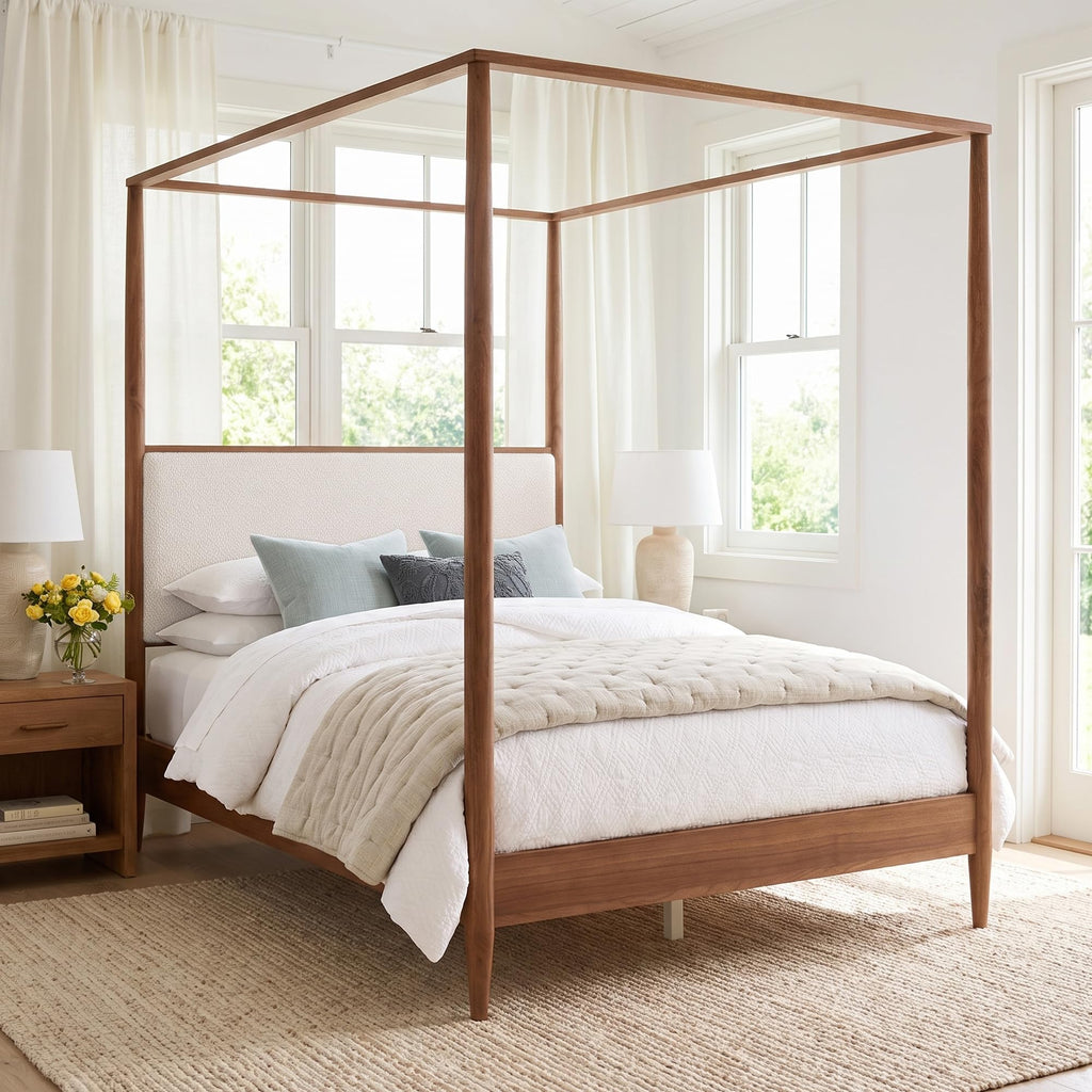 4-Poster Wood Canopy Bed with Boucle Headboard, Walnut