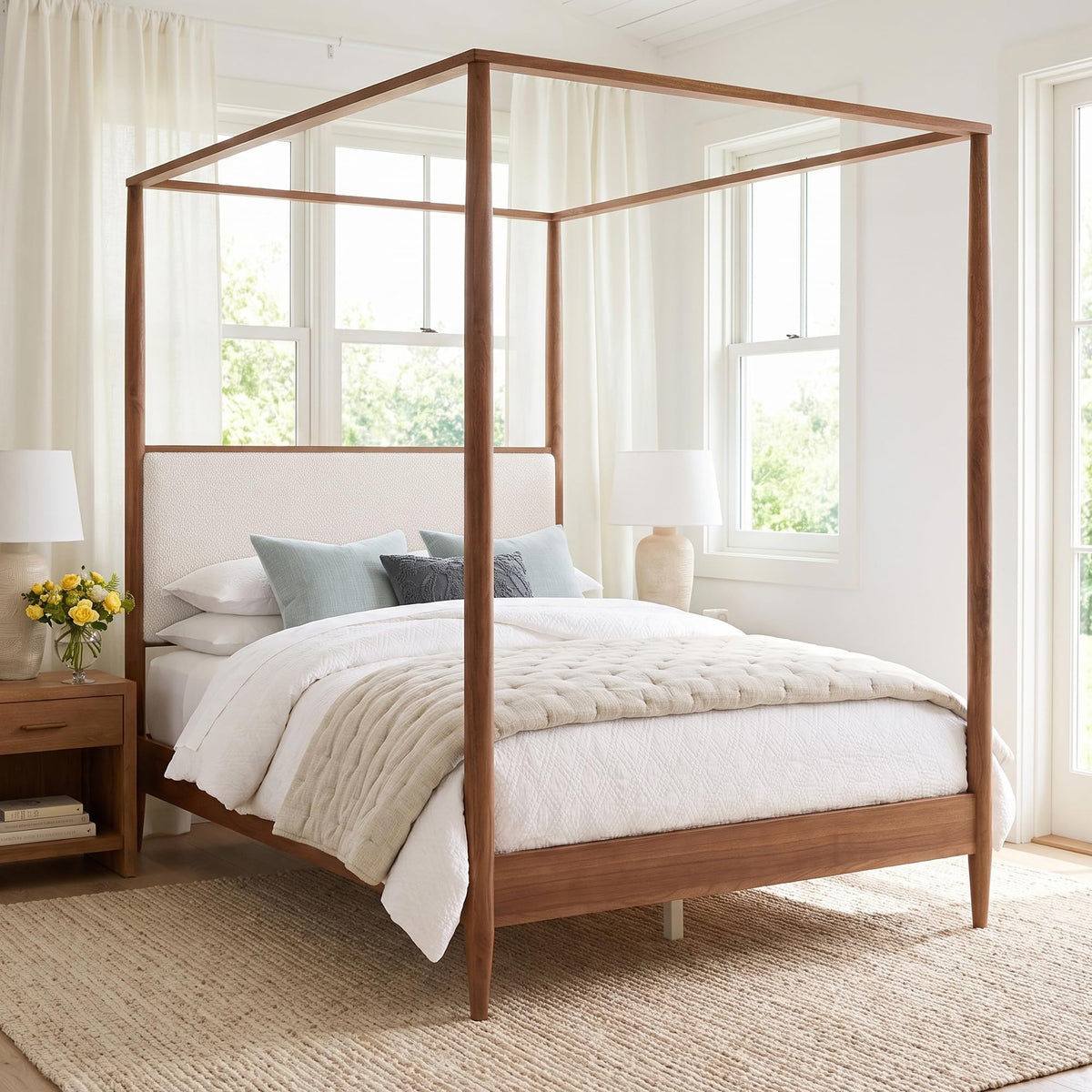 4-Poster Wood Canopy Bed with Boucle Headboard, Walnut