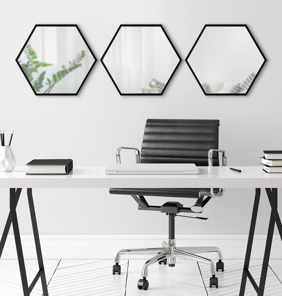 Rhodes Modern Hexagon Wall Mirror Set, 3 Pieces Black, Chic Geometric Mirror for Wall