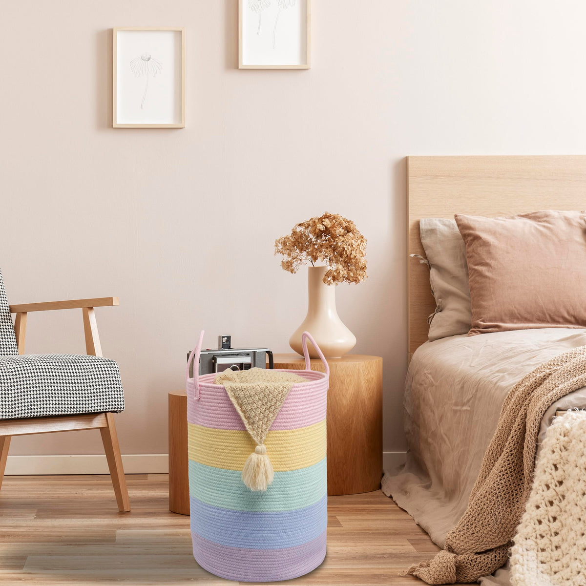 Rope Laundry Basket Hamper for Kids Girl Large, rainbow
