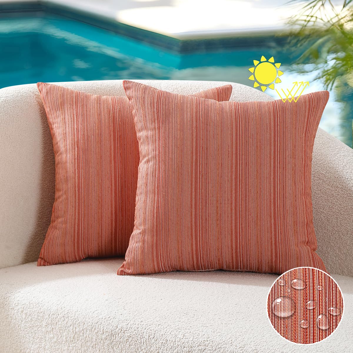 Outdoor Chenille Pillow Covers 22x22 Set of 2, Waterproof UV Fade Resistant Stripe Patio Pillow Cushion Covers for